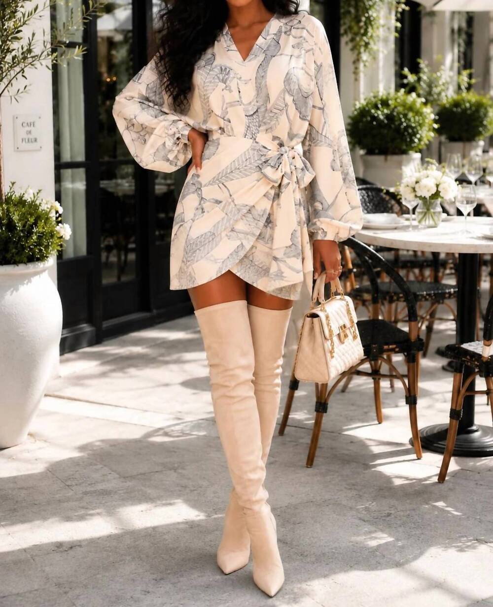 NEW SURELYMINE santorini escape printed wrap mini dress in beige